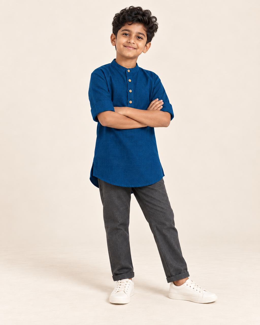 Kids Deep Navy Blue Mandarin Collar Kurta Shirt
