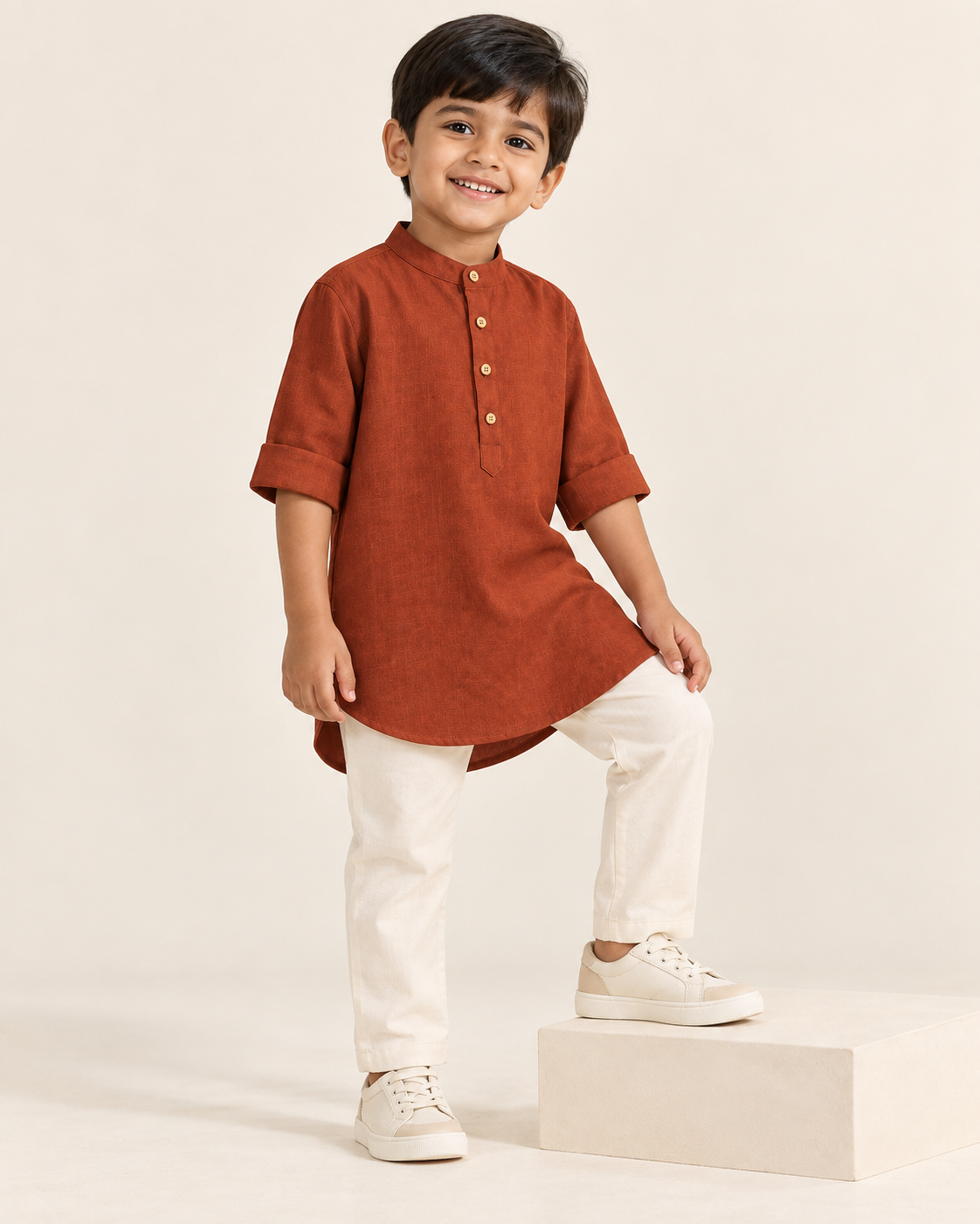 Kids Orange Mandarin Collar Kurta Shirt