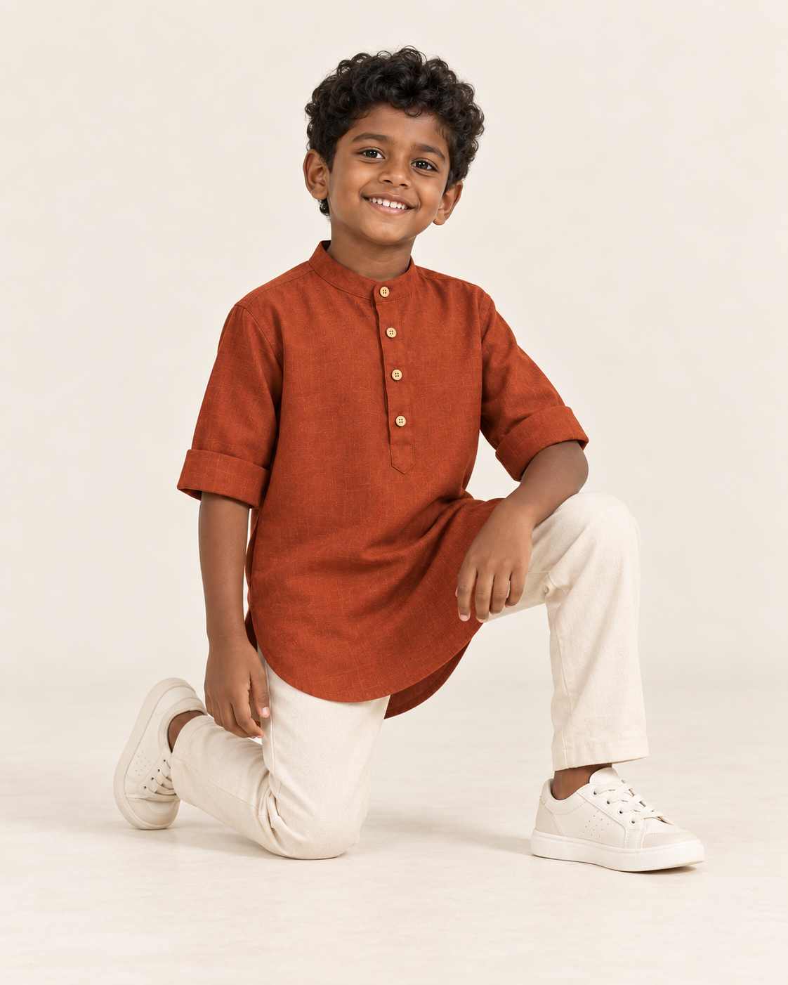 Kids Orange Mandarin Collar Kurta Shirt