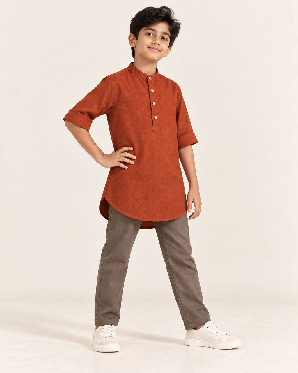Kids Orange Mandarin Collar Kurta Shirt
