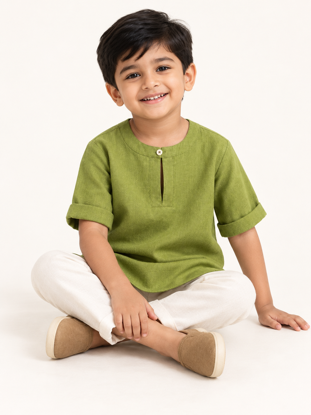 Kids Olive Green Mandarin Collar Kurta Shirt