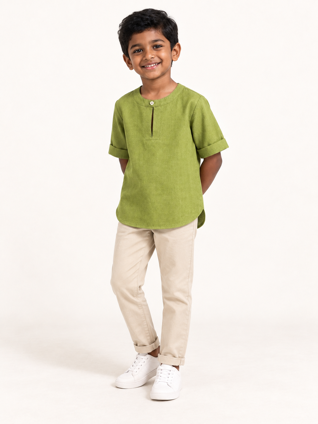 Kids Olive Green Mandarin Collar Kurta Shirt
