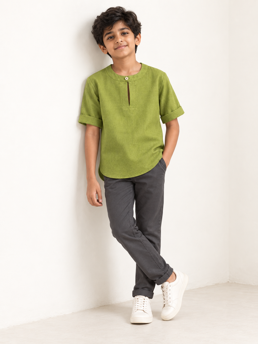 Kids Olive Green Mandarin Collar Kurta Shirt