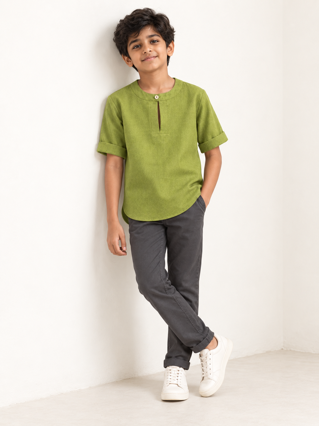 Kids Olive Green Mandarin Collar Kurta Shirt