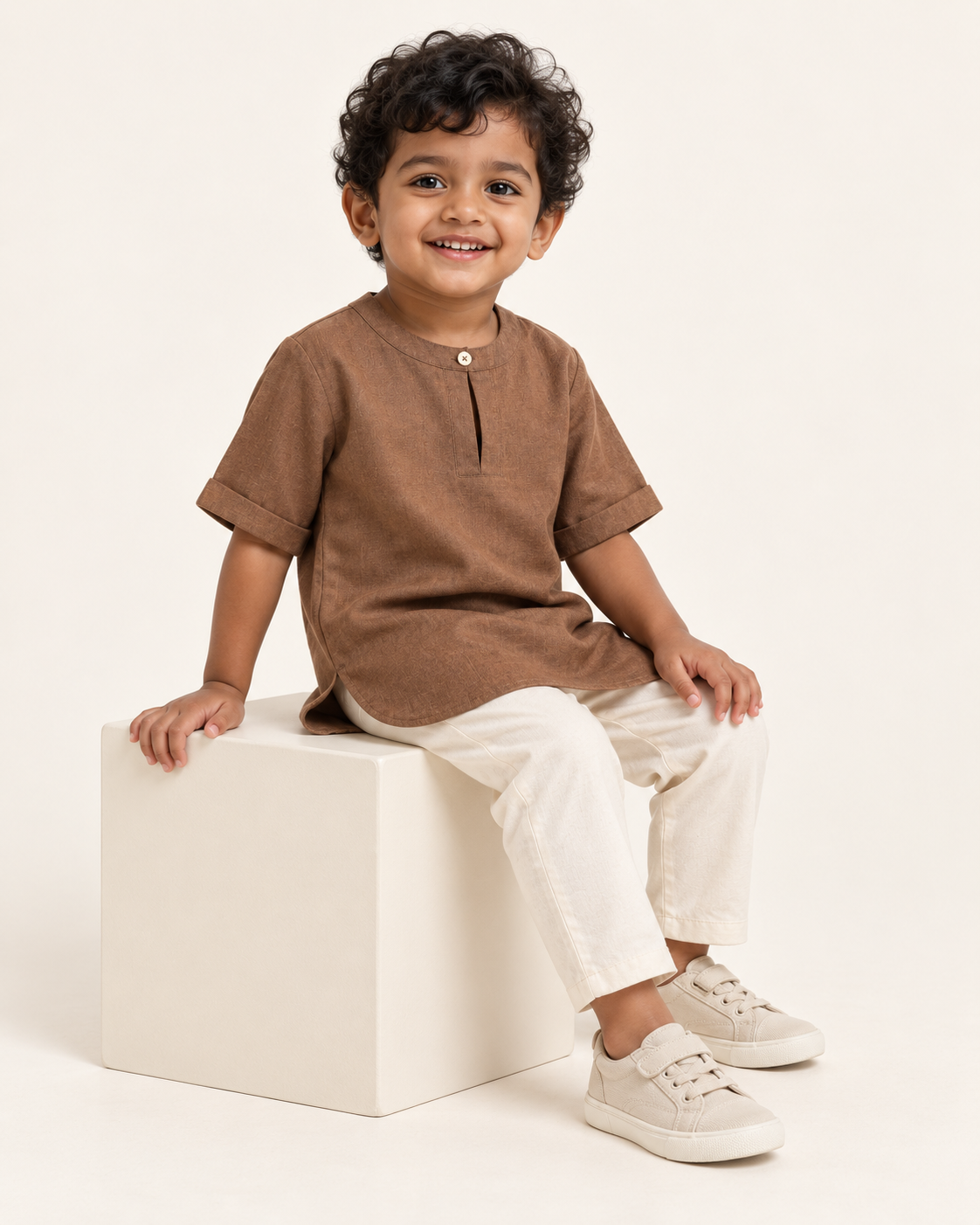 Kids Brown Mandarin Collar Kurta Shirt