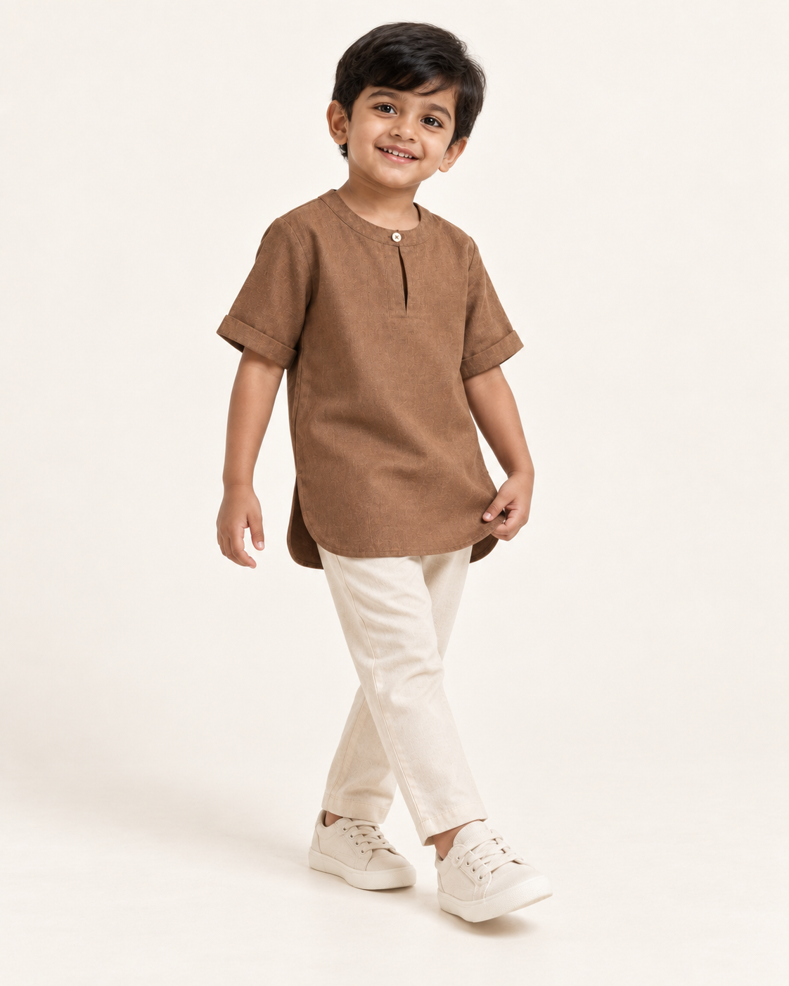Kids Brown Mandarin Collar Kurta Shirt