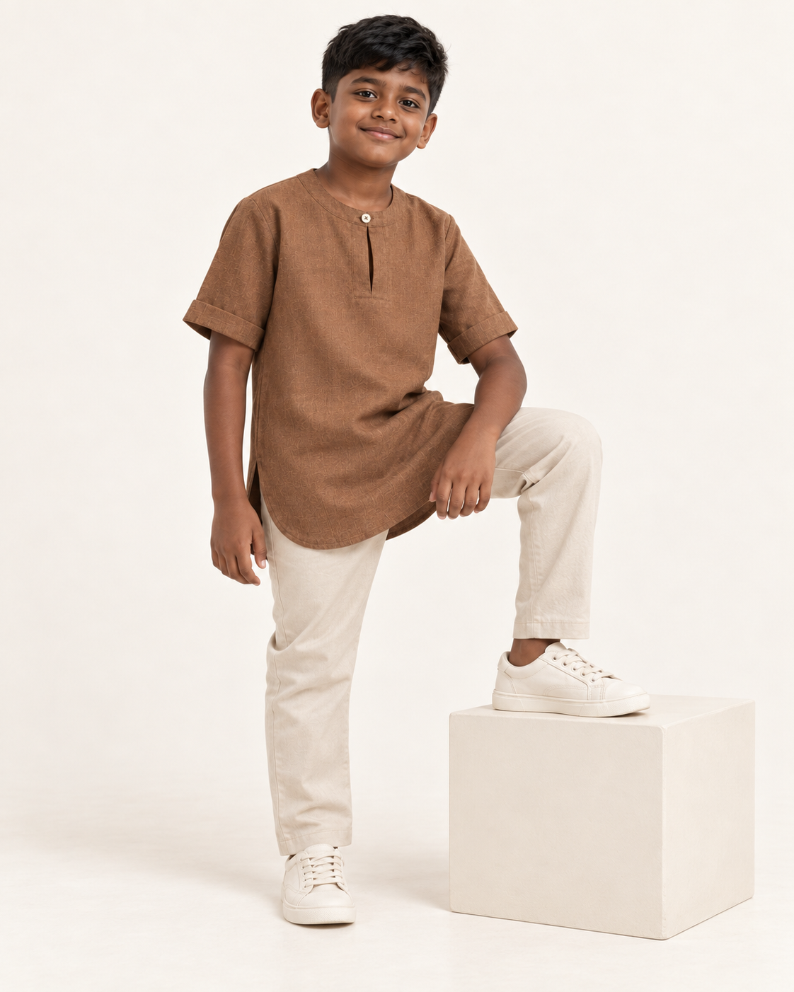 Kids Brown Mandarin Collar Kurta Shirt