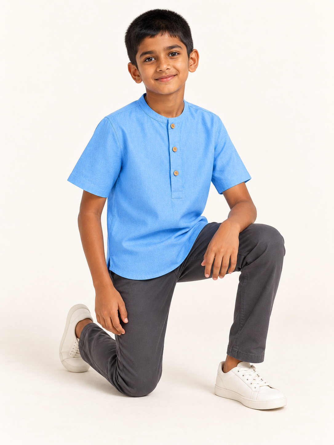 Kids Sky Blue Mandarin Collar Kurta Shirt