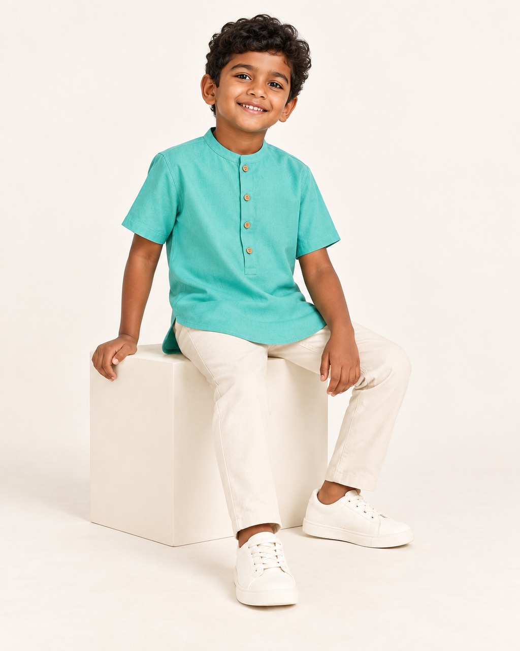 Kids Mint Green Mandarin Collar Kurta Shirt