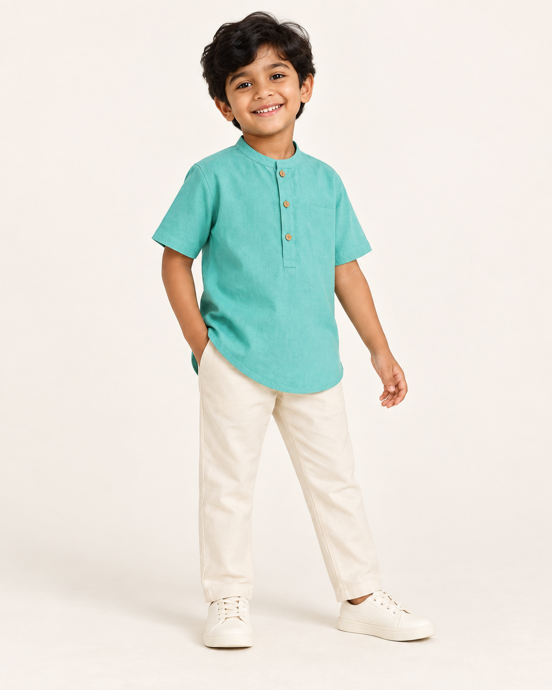 Kids Mint Green Mandarin Collar Kurta Shirt