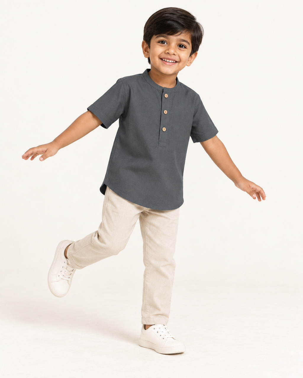 Kids Charcoal Mandarin Collar Kurta Shirt