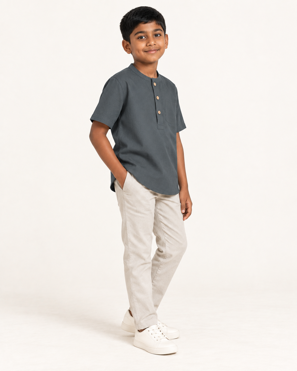 Kids Charcoal Mandarin Collar Kurta Shirt