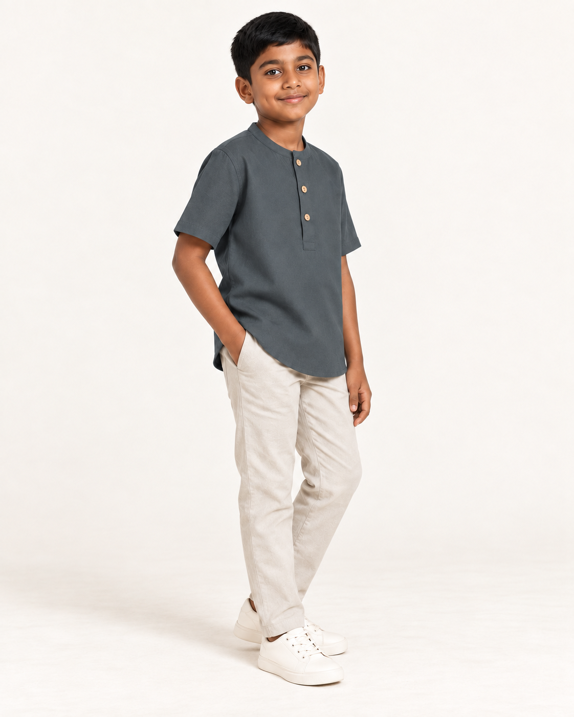 Kids Charcoal Mandarin Collar Kurta Shirt